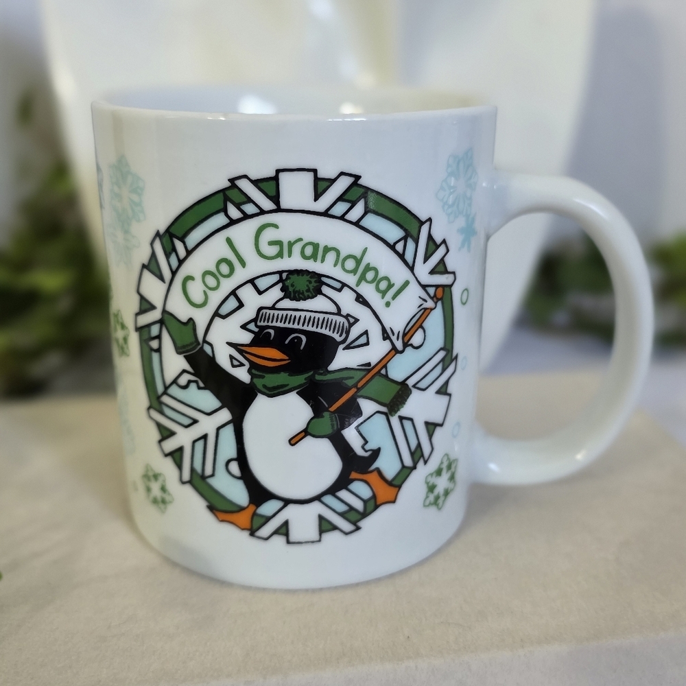 White Ceramic Cool Grandpa Mug with Penguin and  Snowflakes